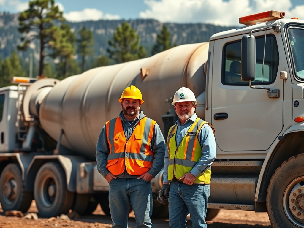 Concrete crew finishing a fresh slab pour on a Flagstaff, Arizona job site with pine trees in the background