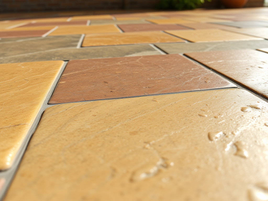 Close-up of freshly stamped and colored decorative concrete texture resembling natural stone