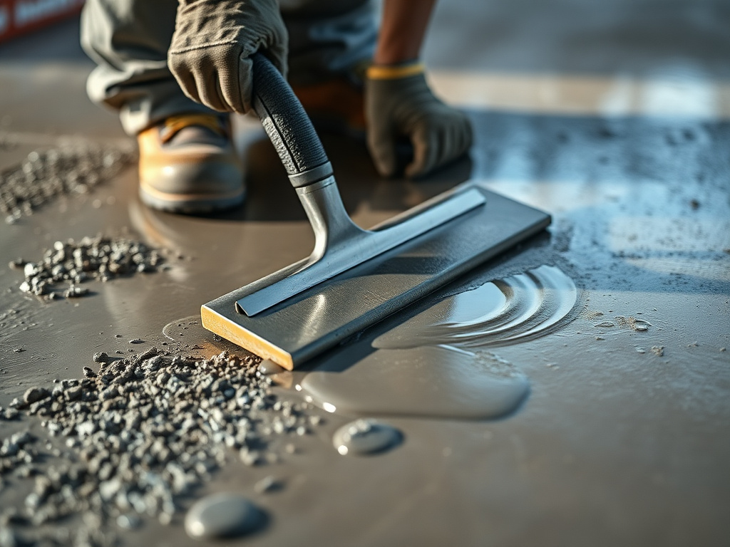 Close-up of a concrete finisher's trowel smoothing a fresh slab surface