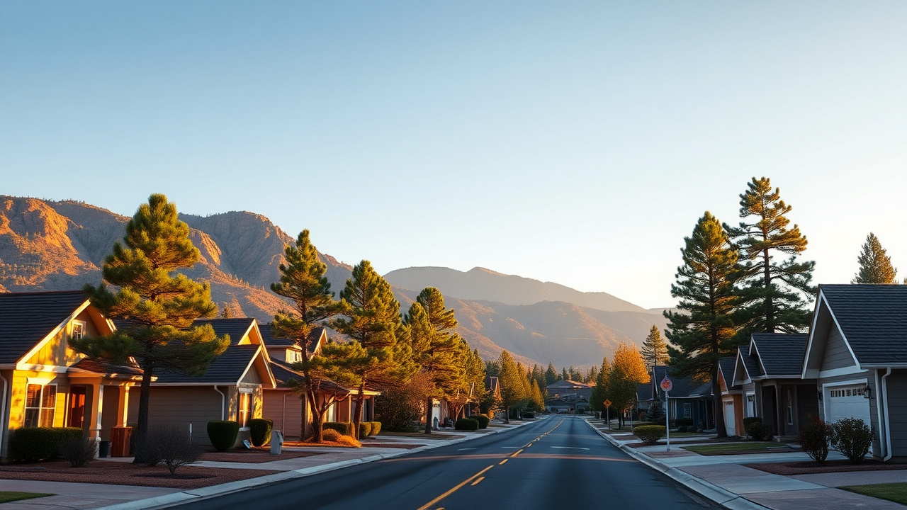 Mountain-town Northern Arizona neighborhood street with new homes and ponderosa pine trees under a clear sky