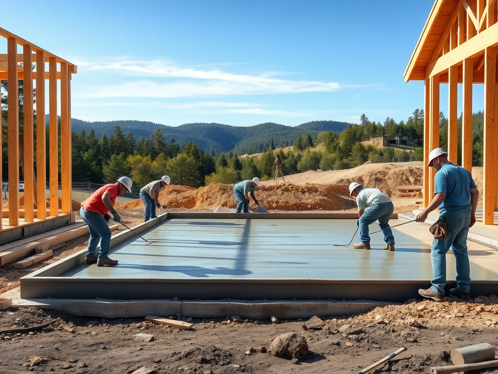 Concrete crew placing and finishing a new foundation footing pour for new home construction